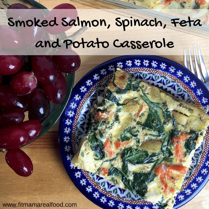 smoked salmon, spinach, feta and potato breakfast casserole