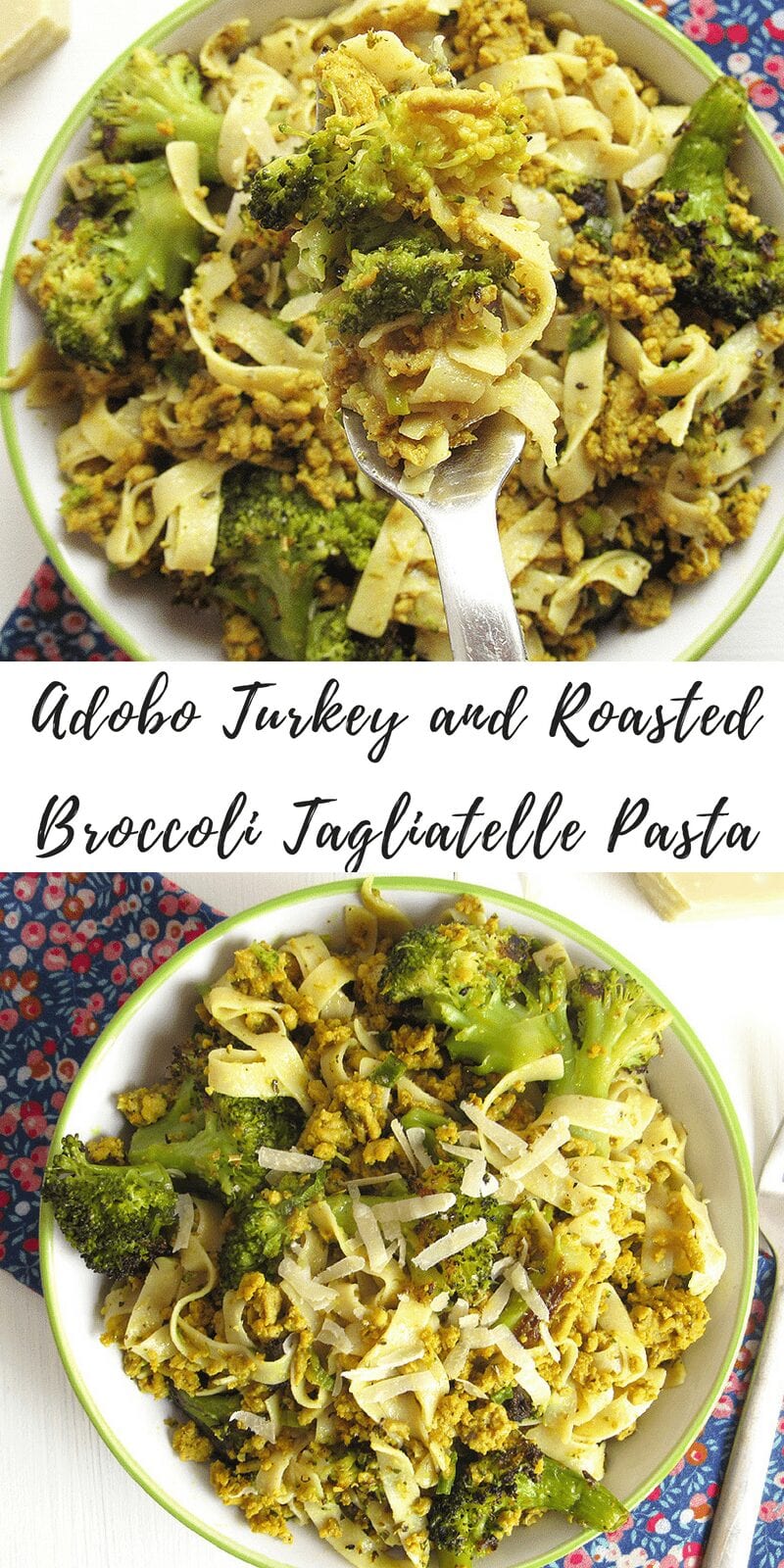 adobo turkey and roasted broccoli tagliatelle pasta
