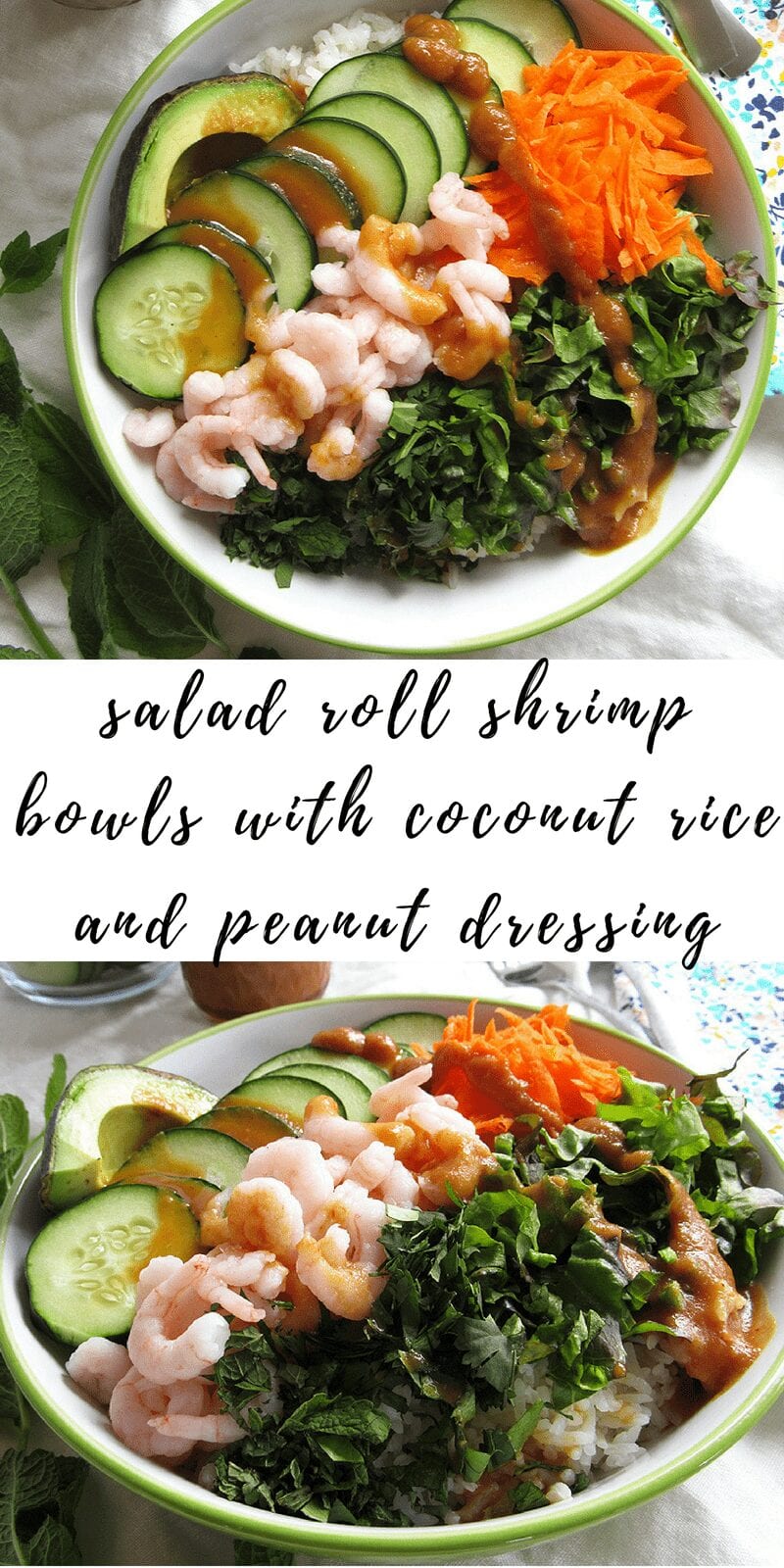 salad roll shrimp bowls with coconut rice and peanut dressing