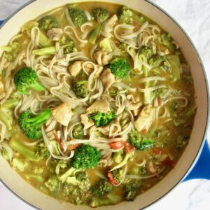 Coconut curry chicken with udon noodles and broccoli