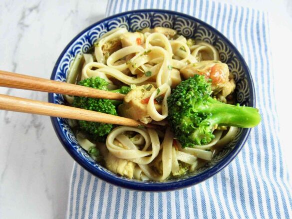 Coconut curry chicken with udon noodles and broccoli