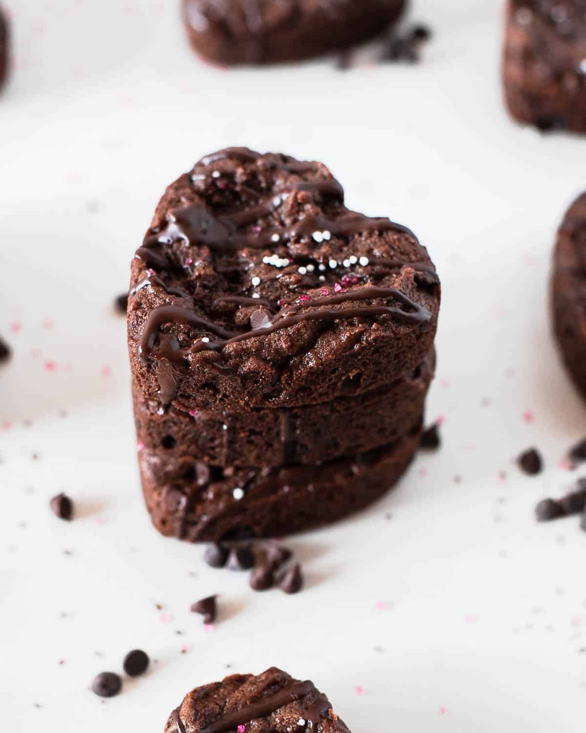 three brownies from the brownie hearts recipe stacked on top of each other