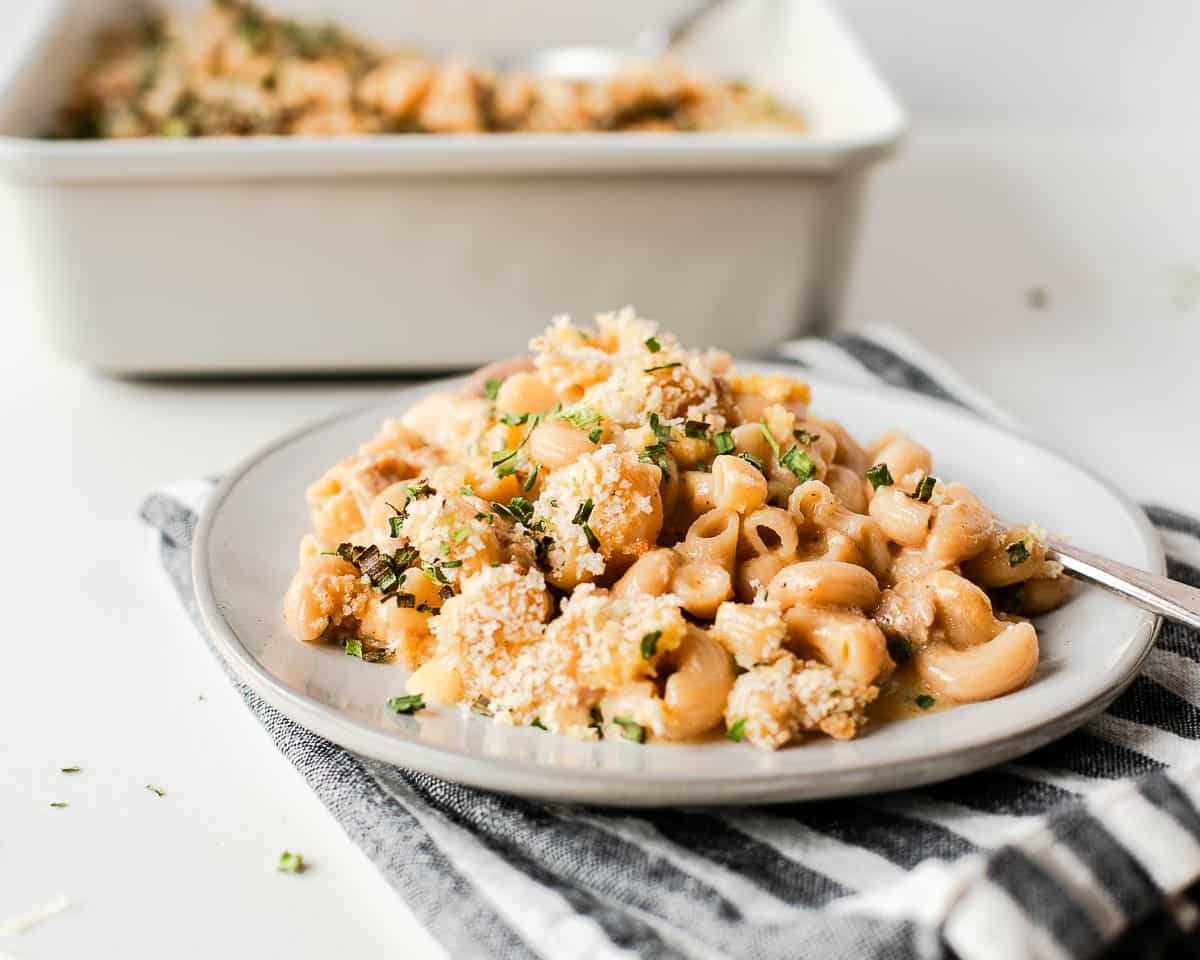 cheesy tuna macaroni on a white plate with a fork