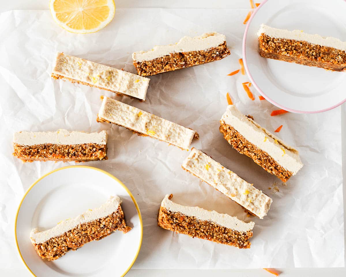 overhead shot of sliced raw carrot cake bars