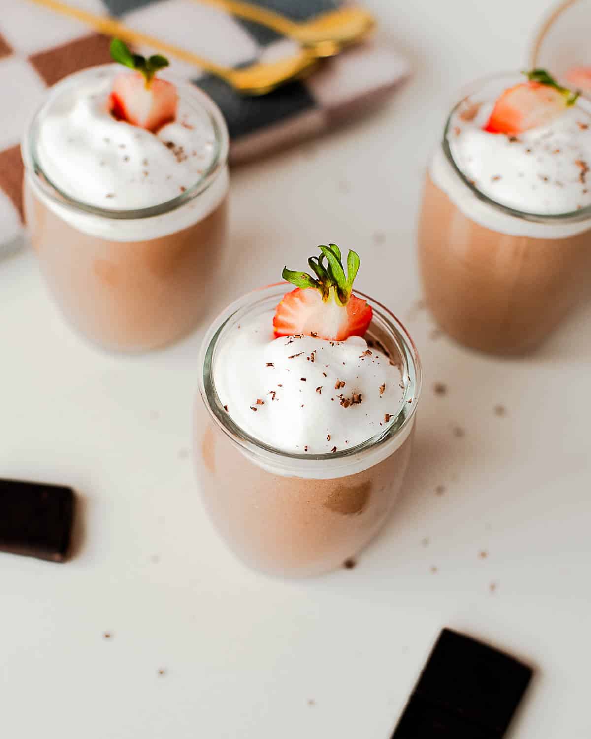 Creamy cottage cheese chocolate pudding served in individual jars for an easy high protein dessert.