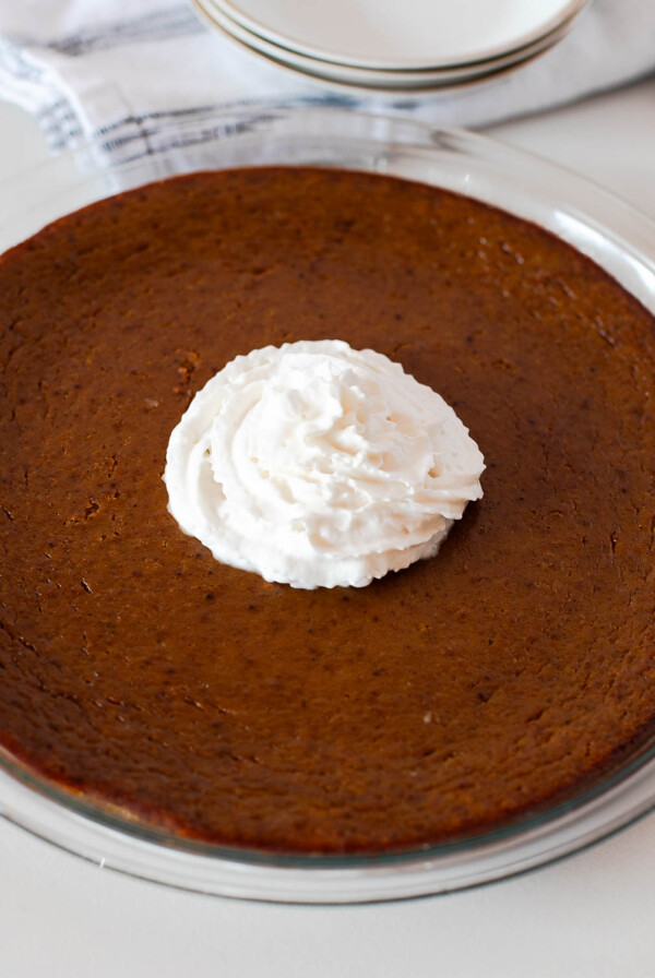 Crustless pumpkin pie topped with a swirl of dairy free whipped cream in the center of the pie dish.