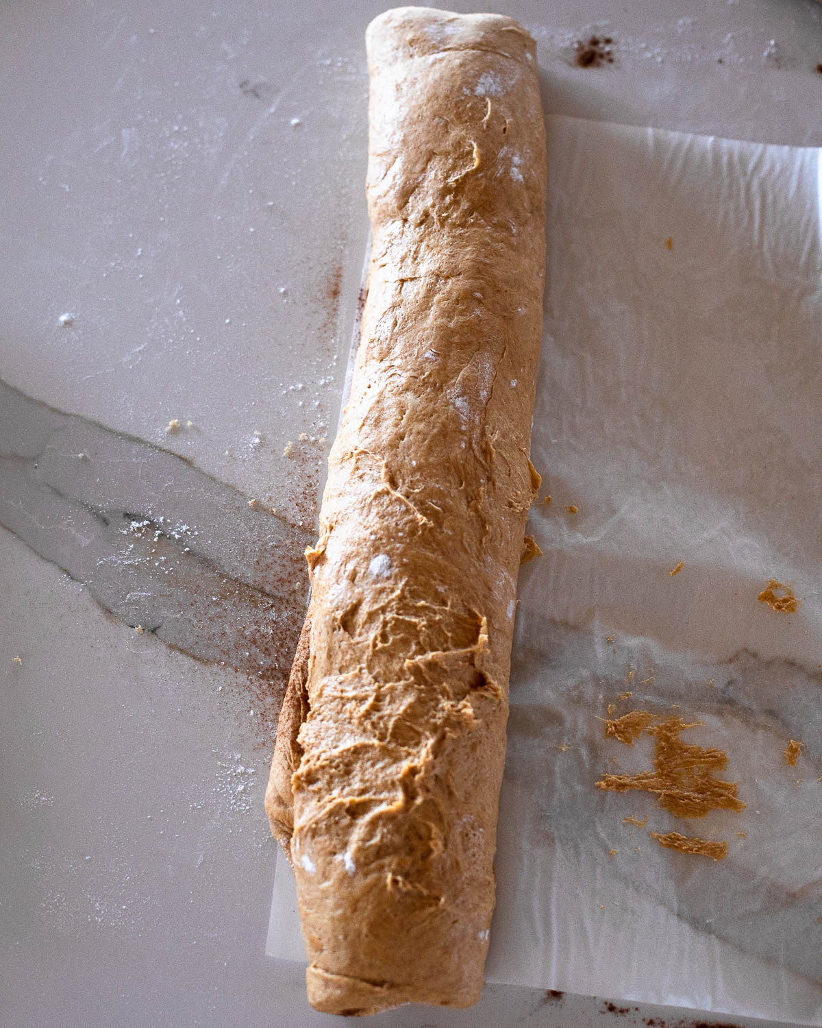 Sweet potato cinnamon roll dough rolled tightly into a log