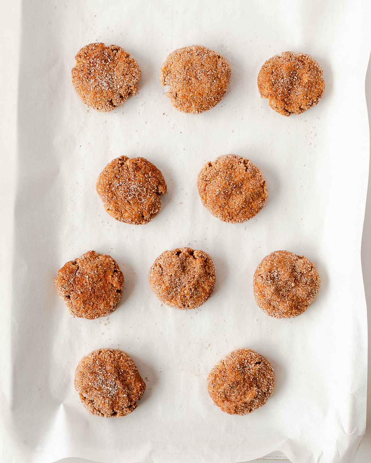 Vegan sweet potato snickerdoodle cookies coated in cinnamon sugar arranged on a baking sheet before baking
