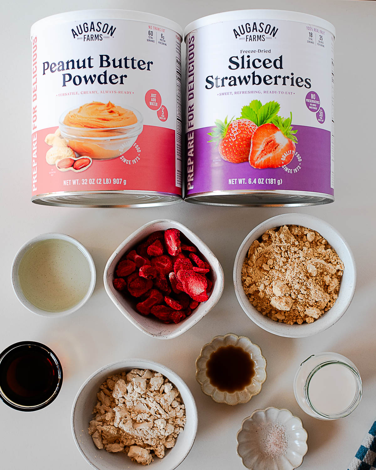 Ingredients for PB&J protein fudge including Augason Farms peanut butter powder, freeze-dried strawberries, protein powder, almond milk, maple syrup, vanilla, and sea salt.