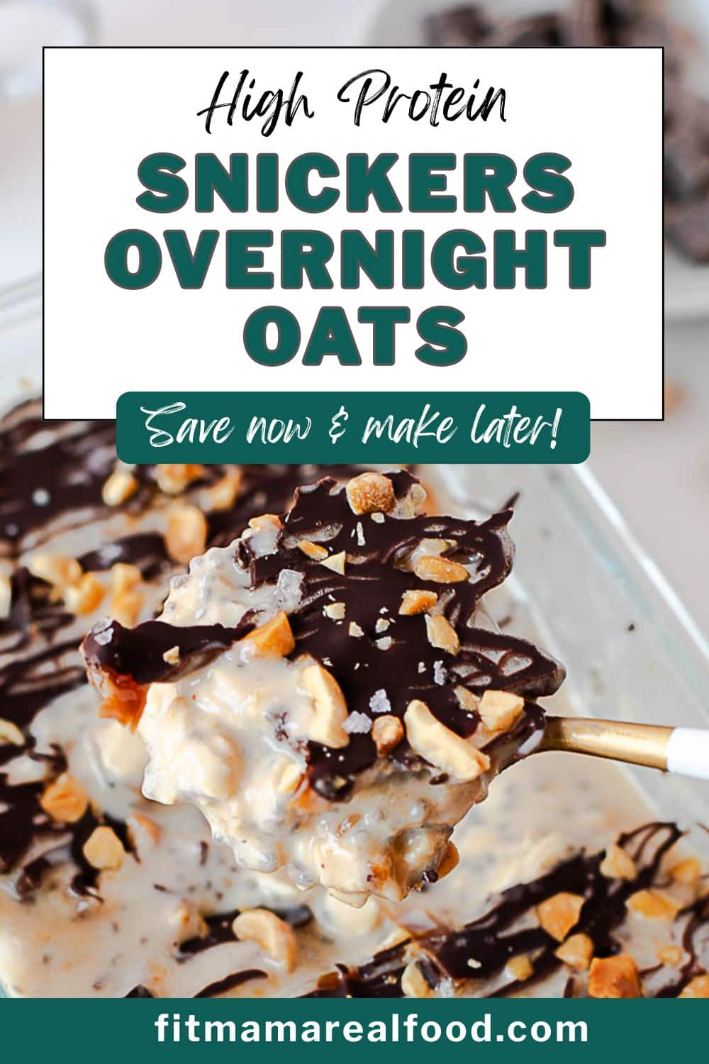 These High Protein Snickers Overnight Oats taste like dessert but fuel your morning with 40g of protein! Made with oats, dates, peanut butter, Greek yogurt, and a crackable chocolate shell. The perfect meal prep breakfast for busy mornings — save now & make later!
