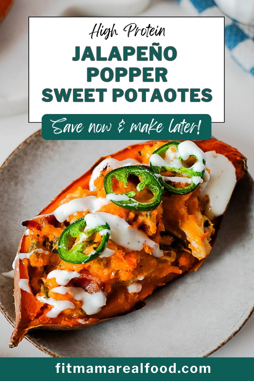 High protein loaded sweet potato served on plate with sauce drizzle
