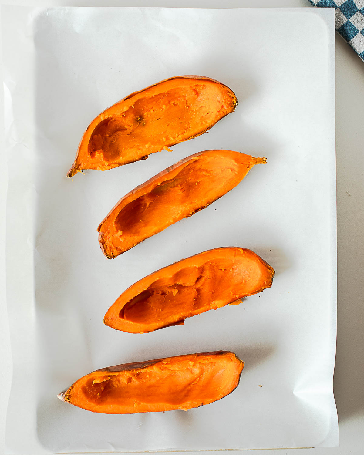 Scooped sweet potato skins ready for stuffing