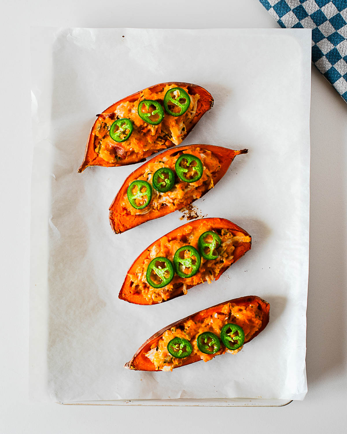 Twice baked jalapeño popper sweet potatoes fresh out of oven