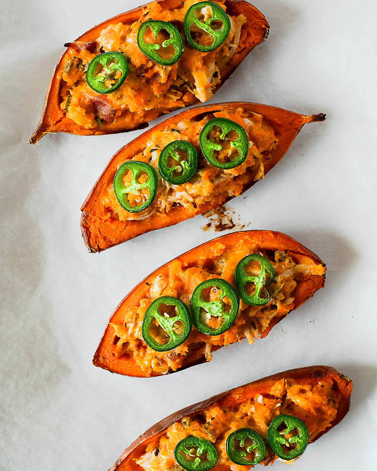 Close up of high protein jalapeño popper stuffed sweet potato