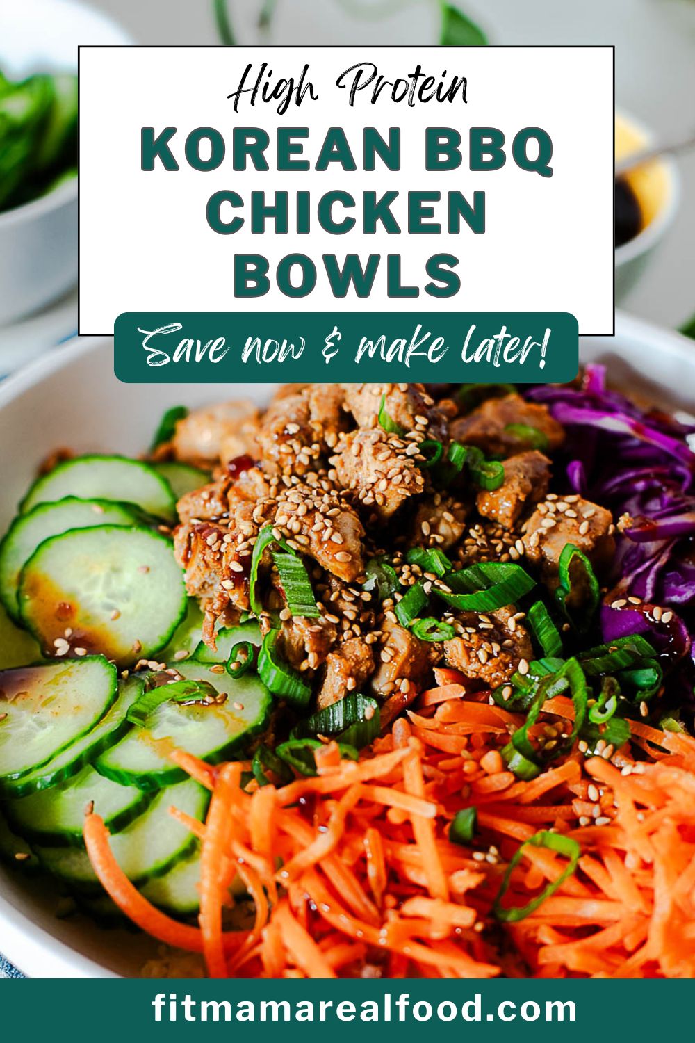 These Korean BBQ chicken bowls are packed with flavor and protein! Juicy Korean BBQ chicken, crunchy cucumbers, shredded carrots, cabbage, and sesame seeds served over rice or cauliflower rice. A healthy high-protein meal prep bowl that’s perfect for busy weeknights. #koreanbbqchicken #mealpreprecipes #highproteinmeals