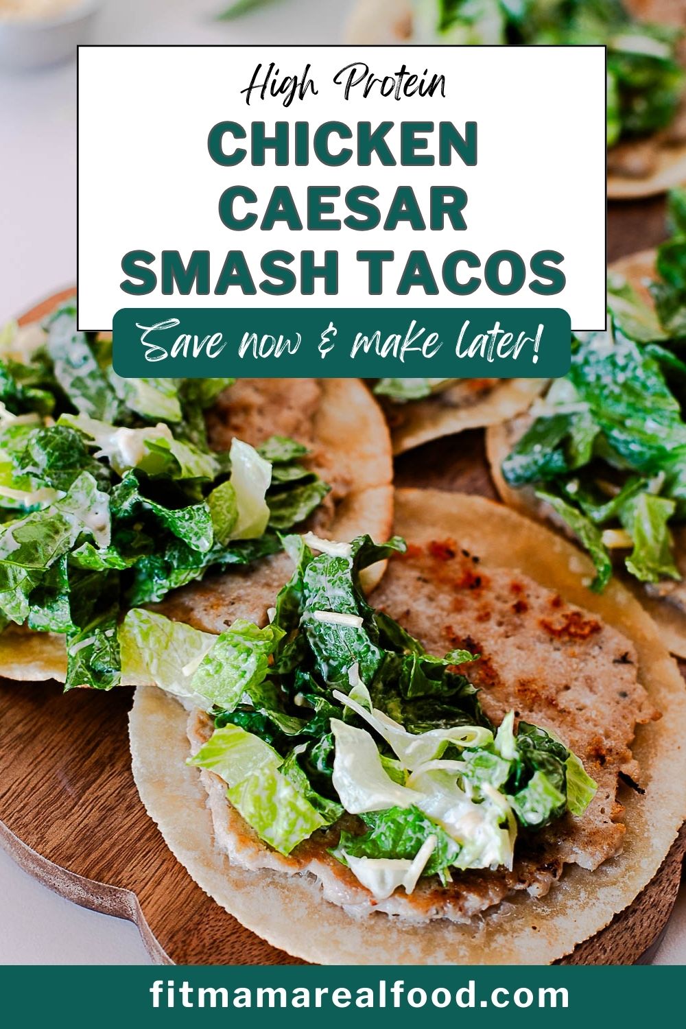 Crispy chicken Caesar smash tacos with seasoned ground chicken, romaine lettuce, creamy Caesar dressing, and parmesan cheese.