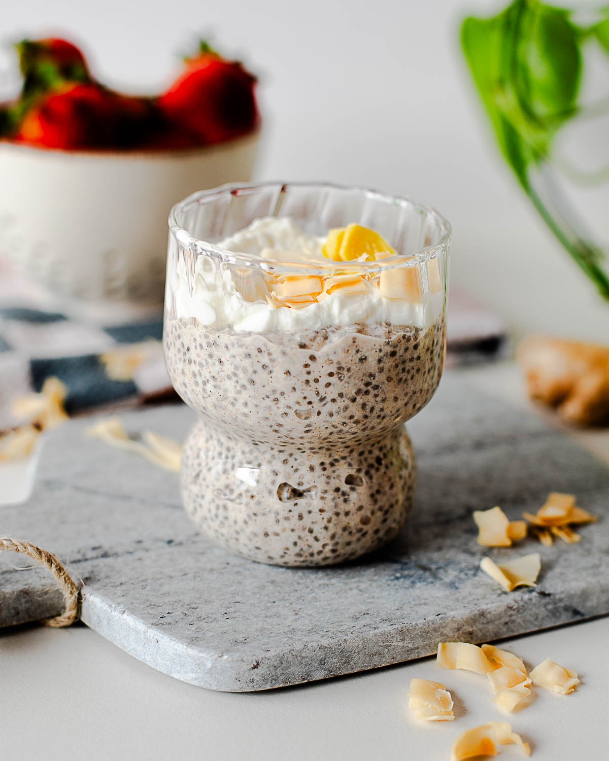 Creamy coconut chia pudding breakfast topped with Greek yogurt and toasted coconut flakes in a textured glass dessert cup.