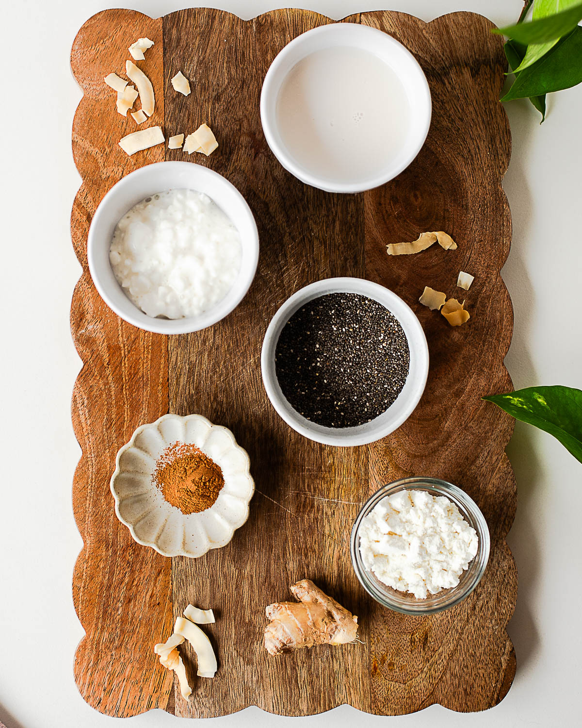 Ingredients for coconut chia pudding including chia seeds, cottage cheese, coconut milk, cinnamon, ginger, and coconut flakes arranged on a wooden board.
